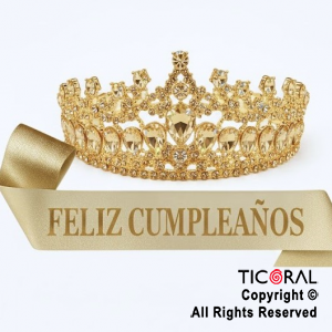 SET VINCHA Y BANDA FELIZ CUMPLEA�OS GEMAS Y STRASS ORO (10549J) X 1